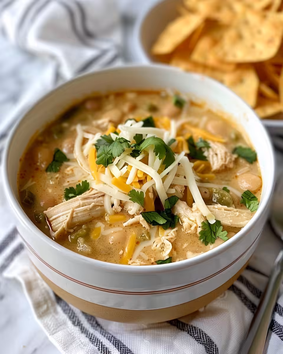 Served white chicken chili in a bowl topped with creamy garnishes and tortilla strips