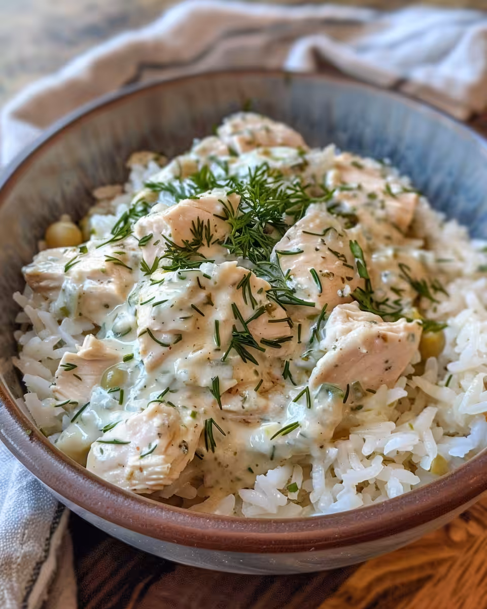 Finished Greek chicken and rice bowl with garnish
