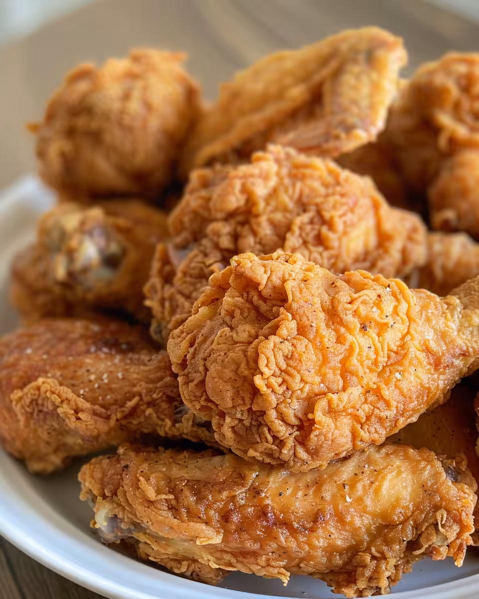 Plated golden crispy pressure cooker fried chicken served with dipping sauce