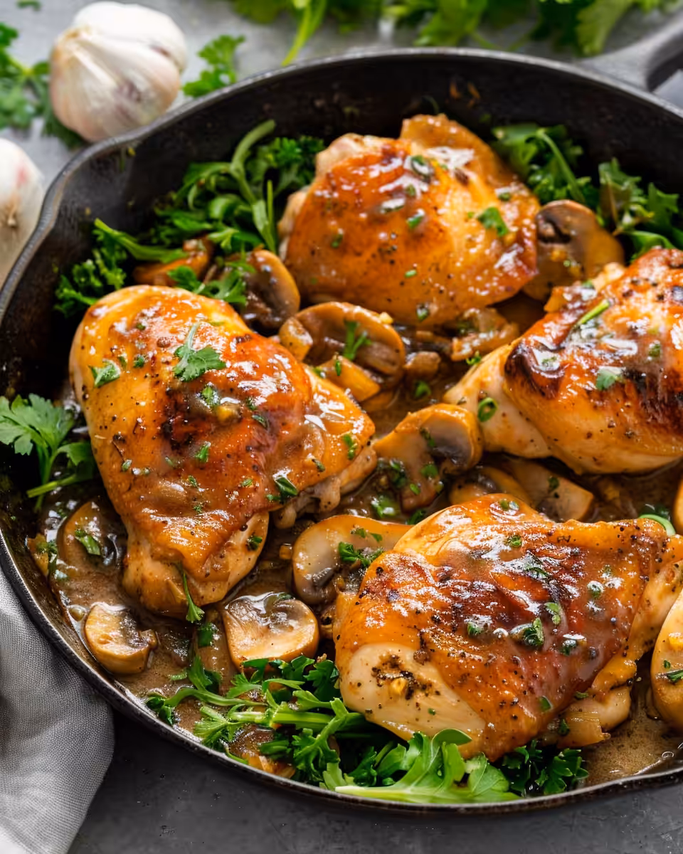 Skillet chicken breasts cooking with garlic butter sauce in pan
