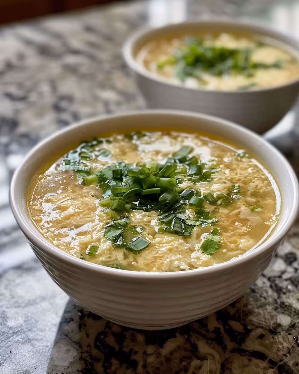 Bowl of finished egg drop soup garnished with green onions