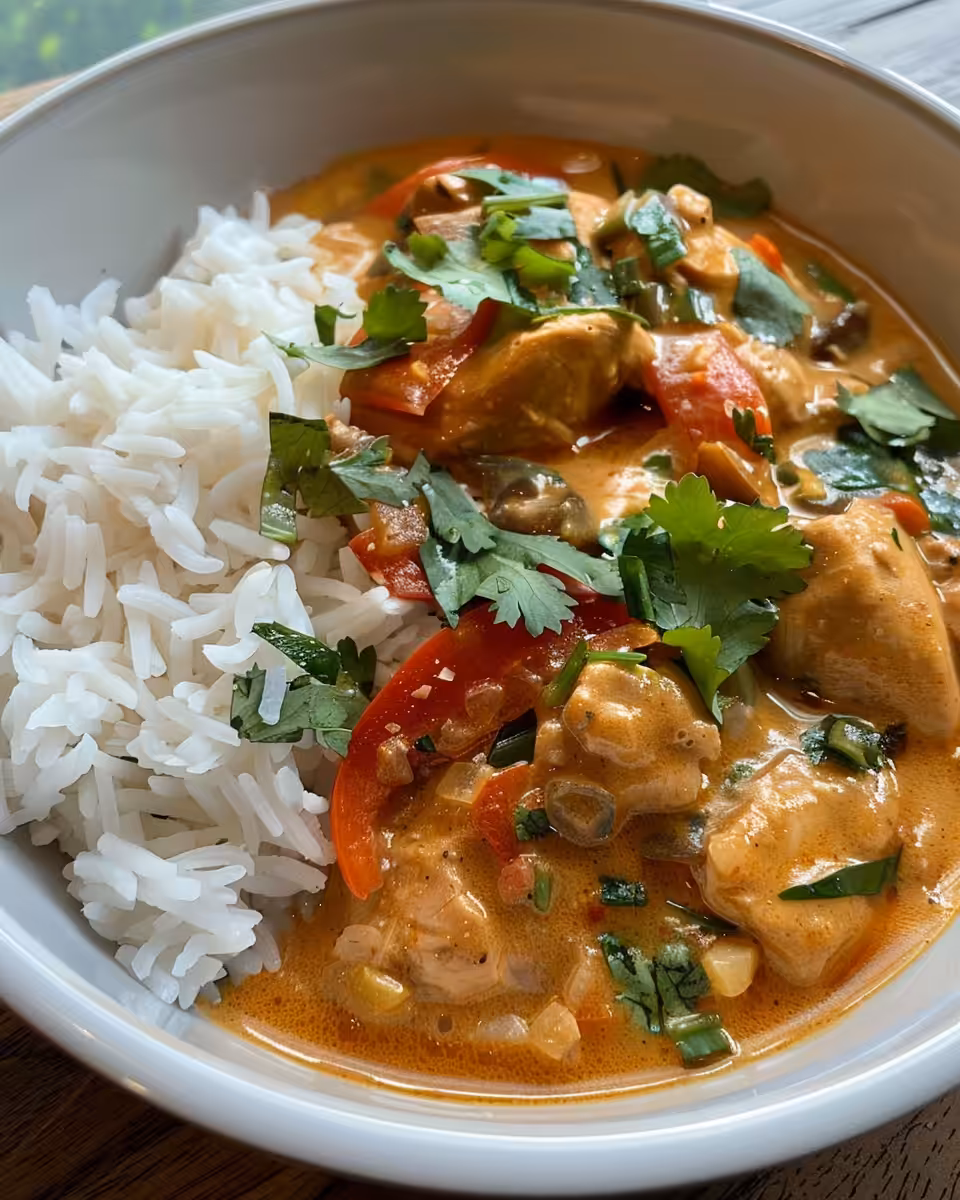 Ingredients for slow cooker Thai chicken including chicken thighs, curry paste, and coconut milk