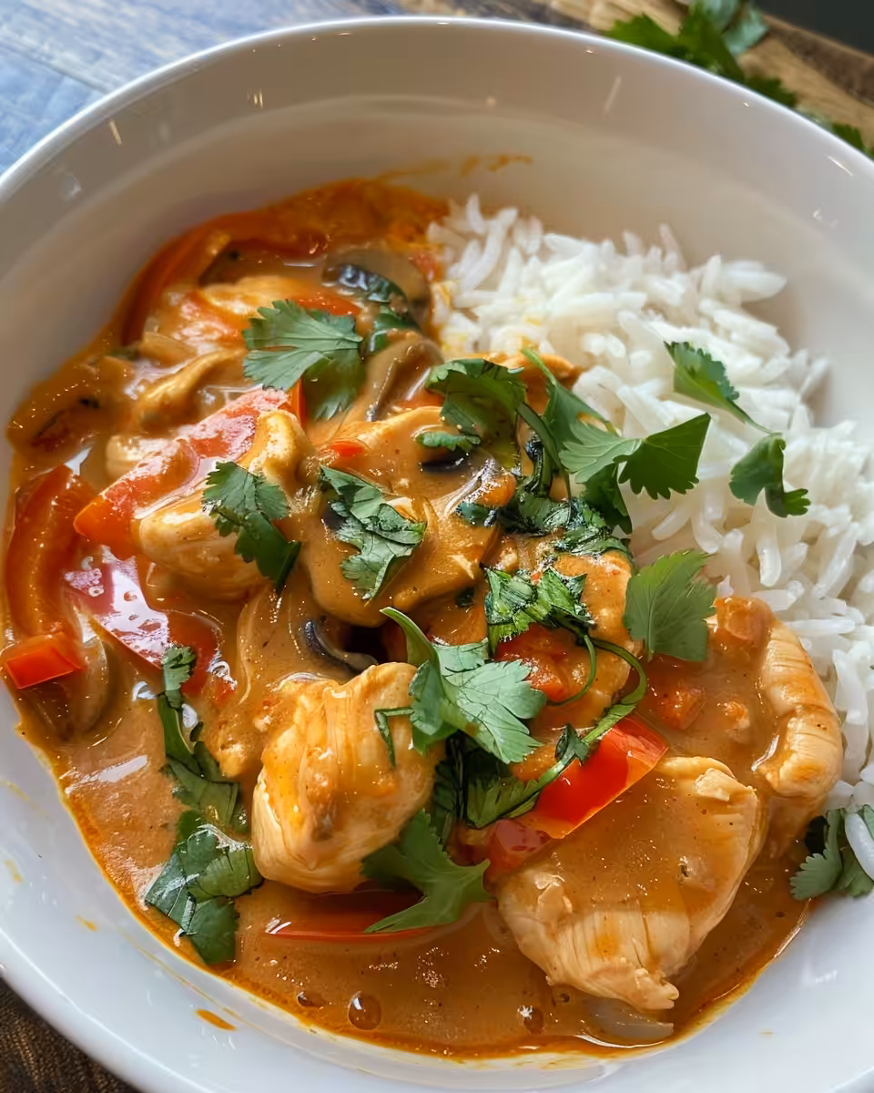Served slow cooker Thai chicken curry with jasmine rice garnished with fresh cilantro