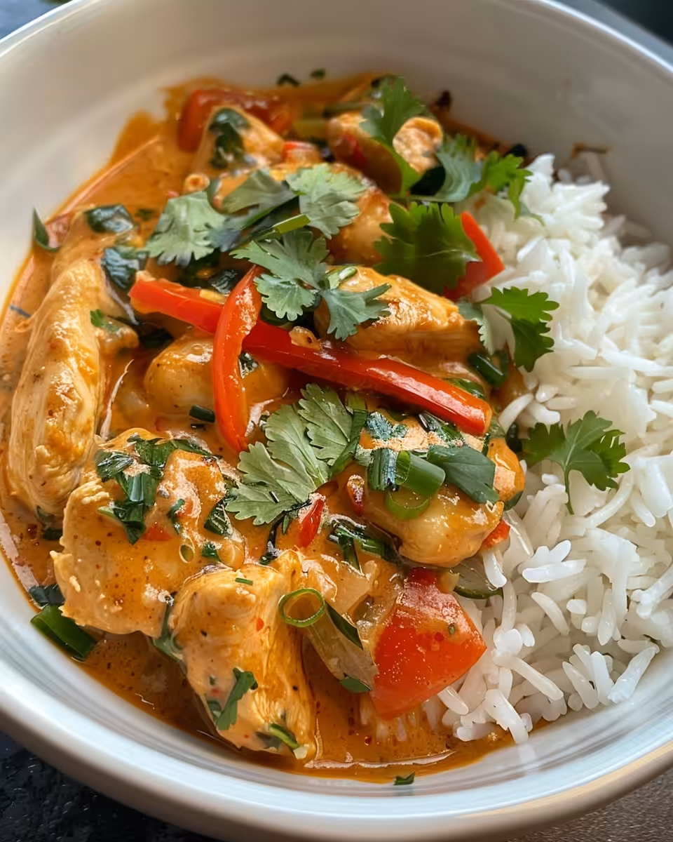 Slow cooker Thai chicken simmering in fragrant spicy coconut sauce