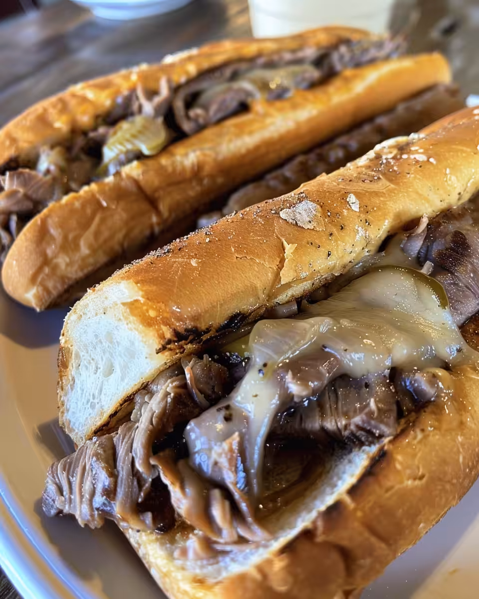 Serving French Dip sandwich with au jus and toasted French rolls