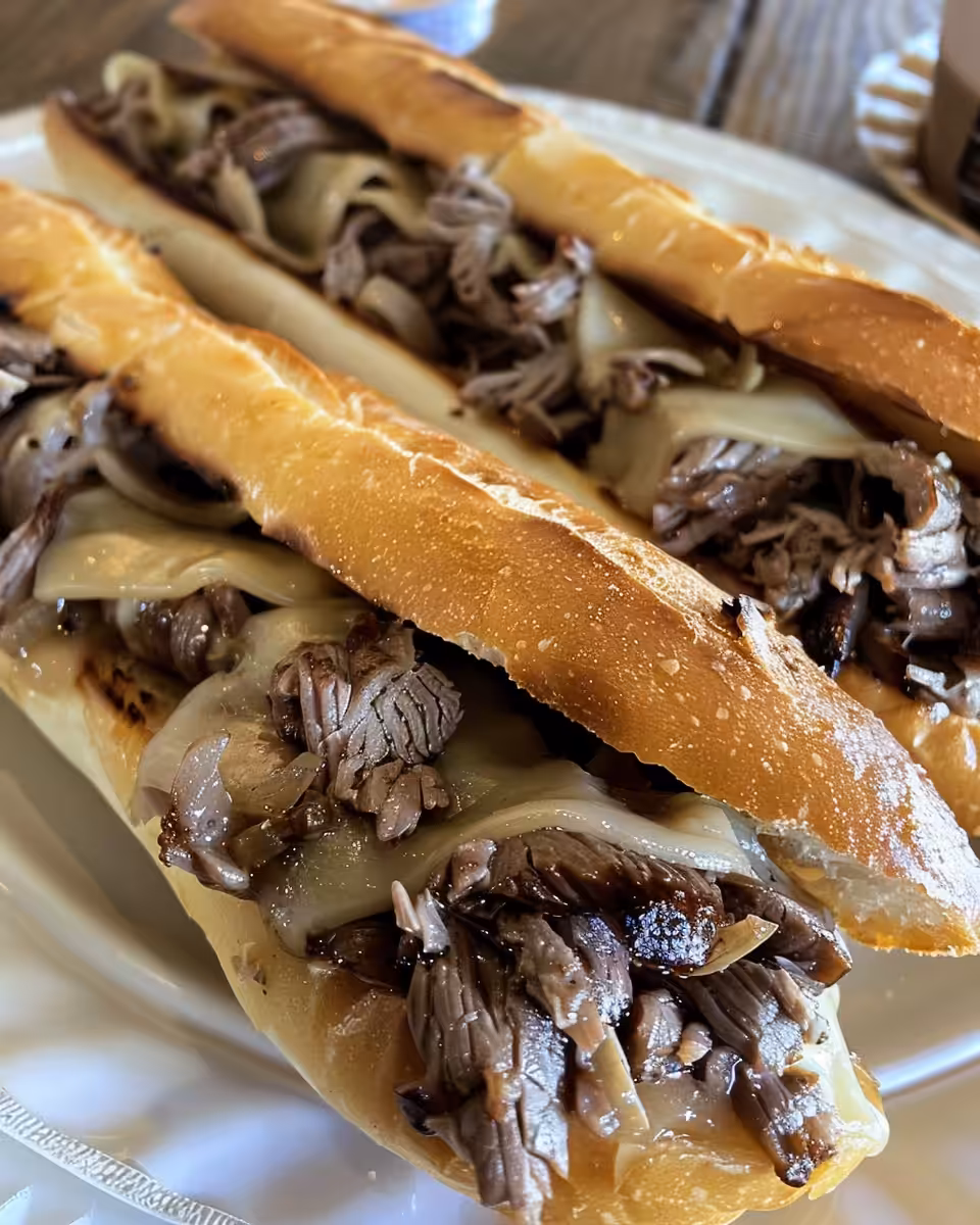Close up of French Dip sandwich ready to enjoy from pressure cooker