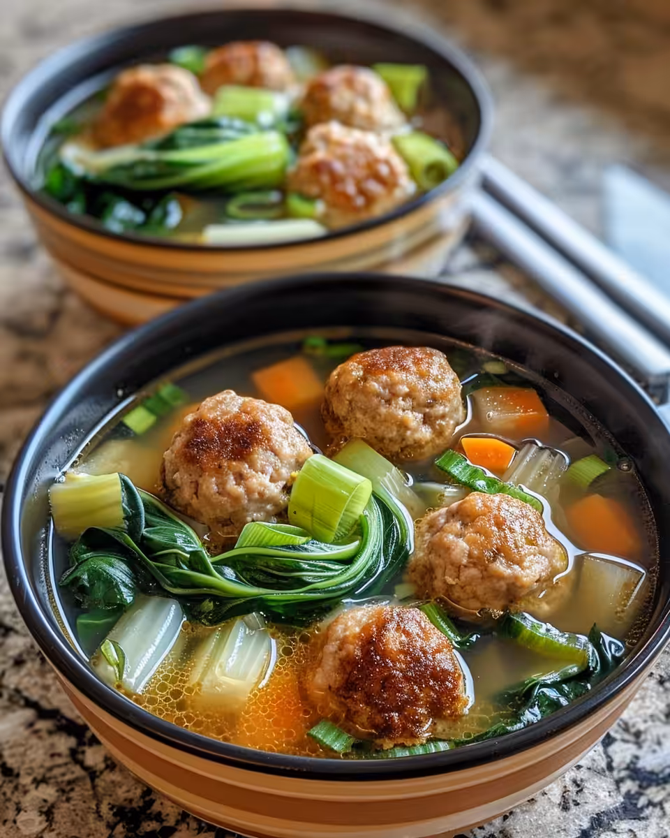 Serving bowl of ginger chicken meatball soup with garnishes