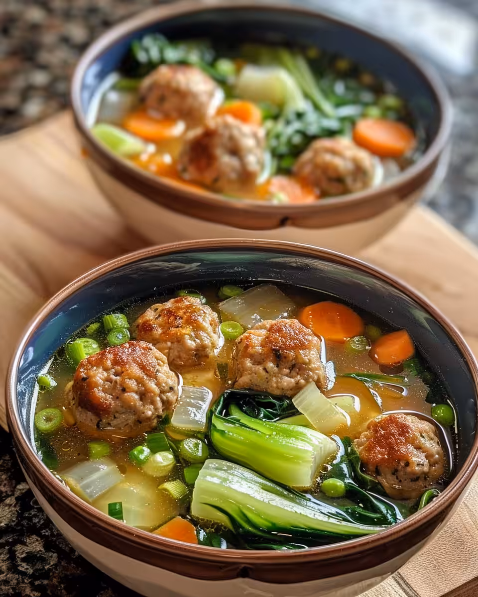 Ginger chicken meatball soup simmering with baby bok choy in pot