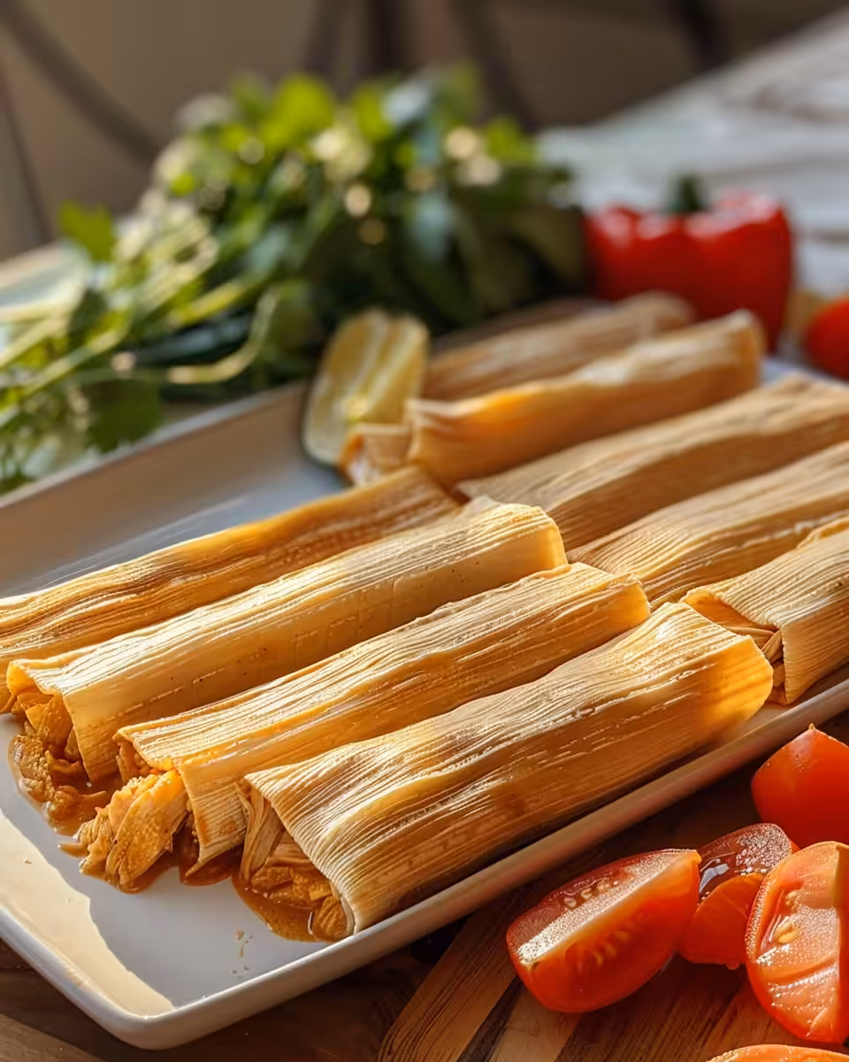 Freshly steamed chicken tamales in corn husks
