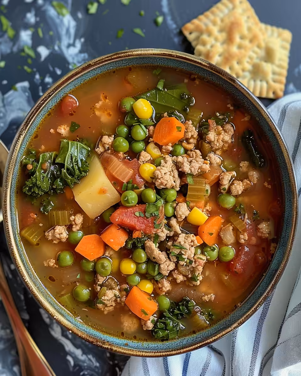 Fresh vegetables and ground turkey ready for soup preparation