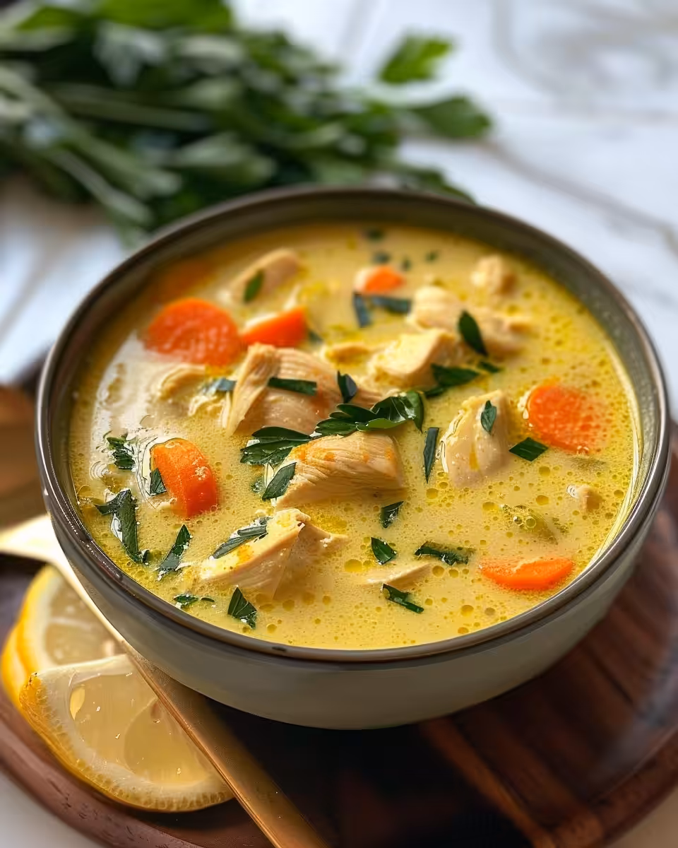 Bowl of finished lemon turmeric chicken soup garnished with fresh herbs