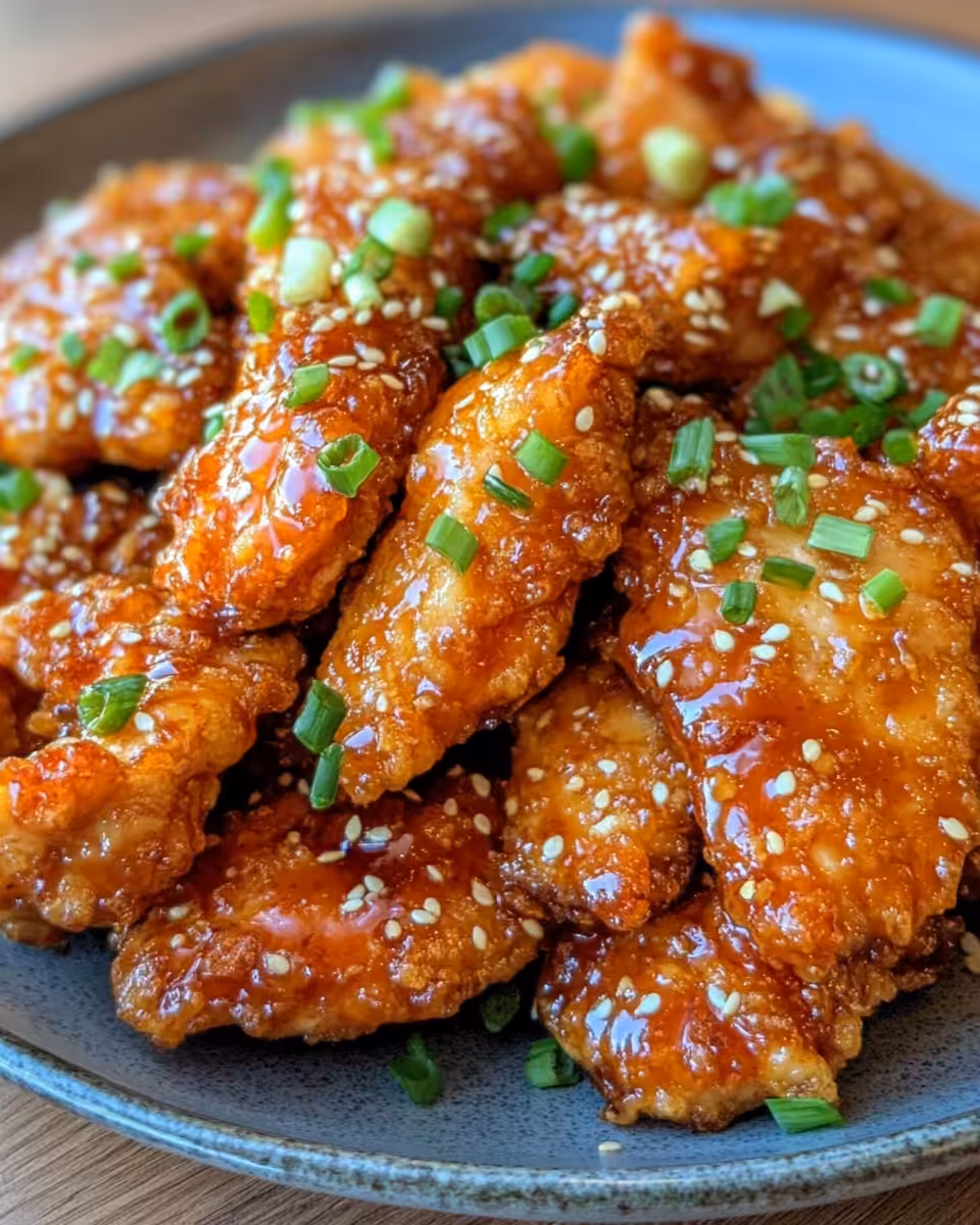 Serving honey garlic chicken tenders on a white plate with garnish