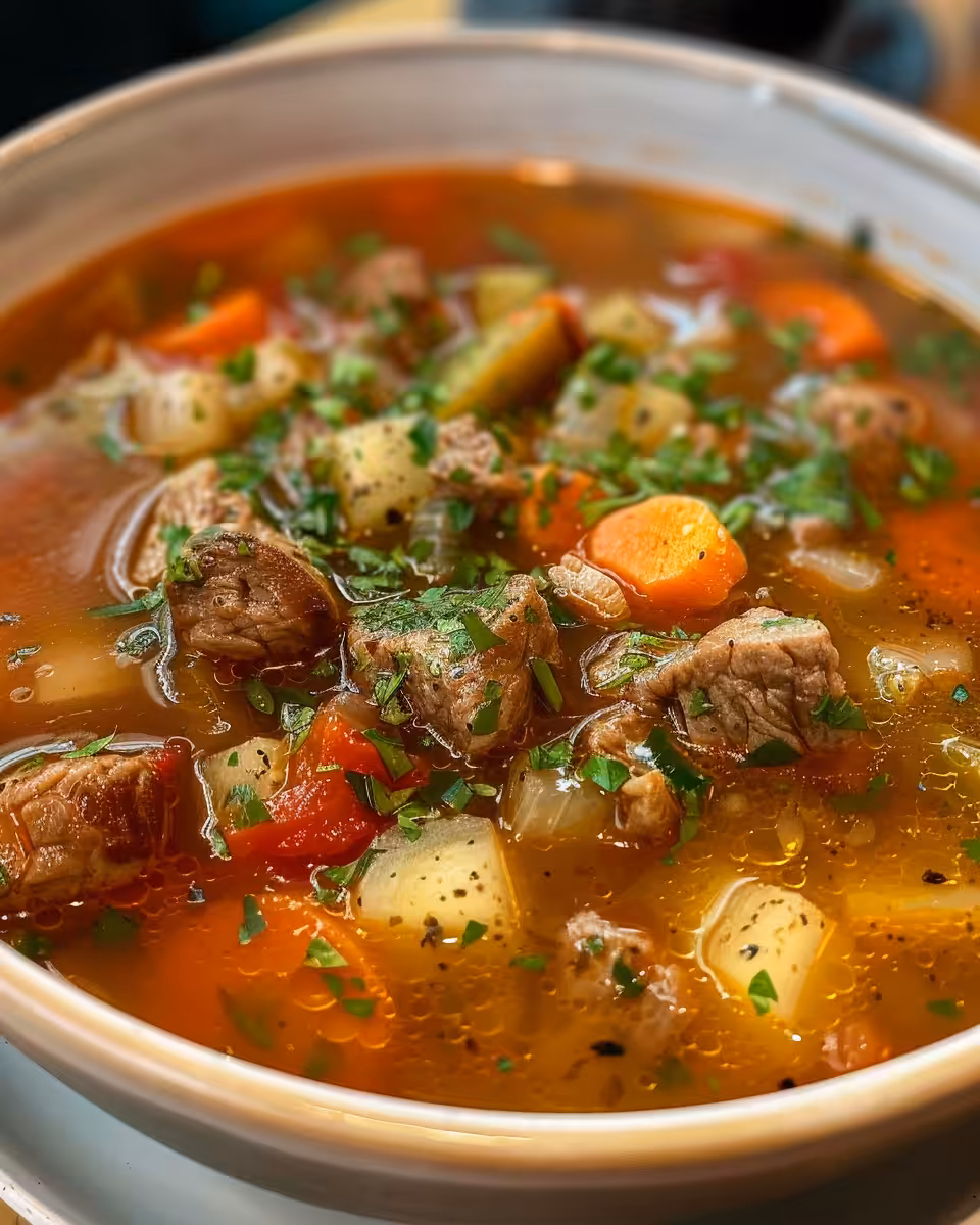 Serving bowl of Hungarian sauerkraut soup with sour cream and bread