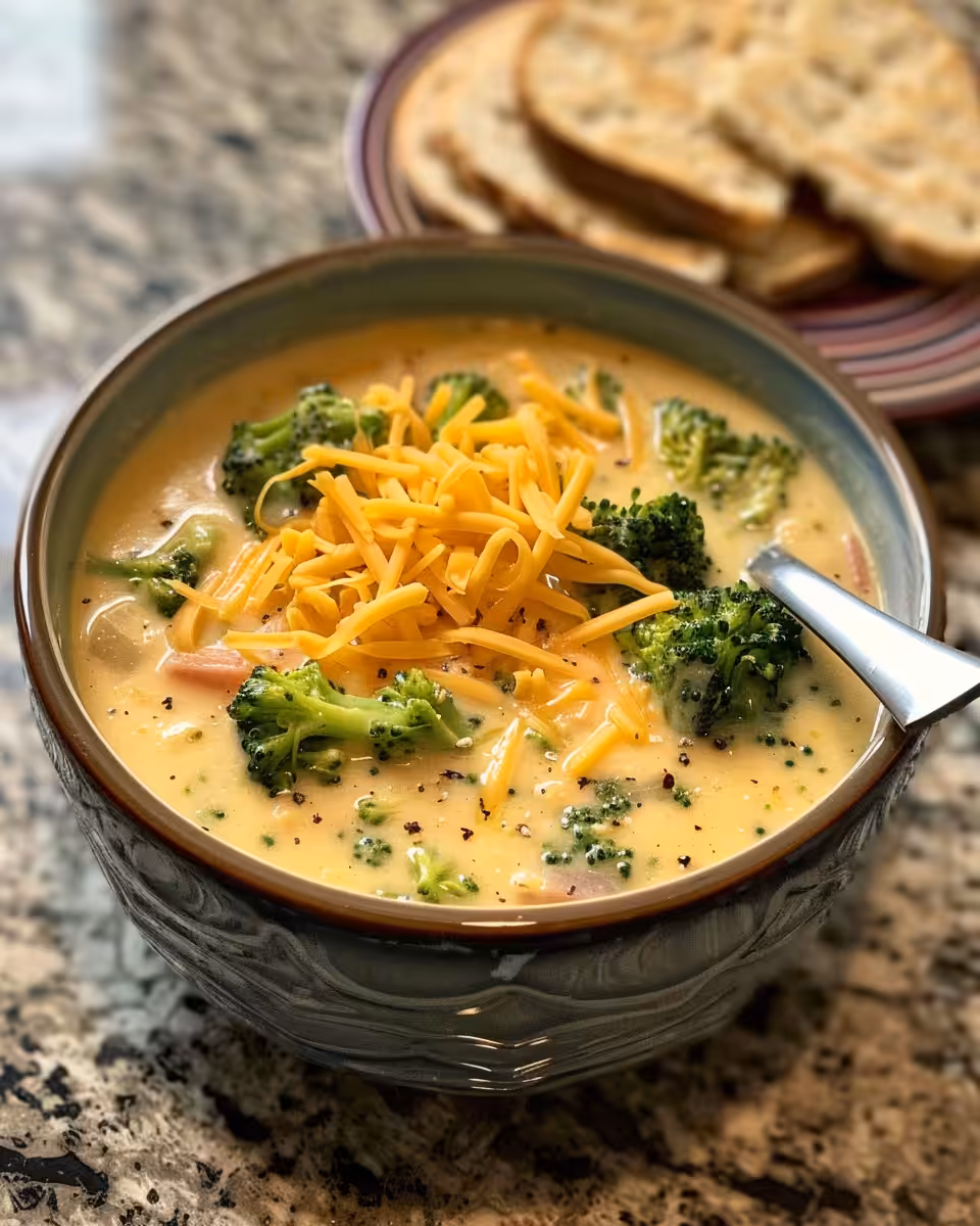 Served broccoli cheddar soup in bowl with garnish
