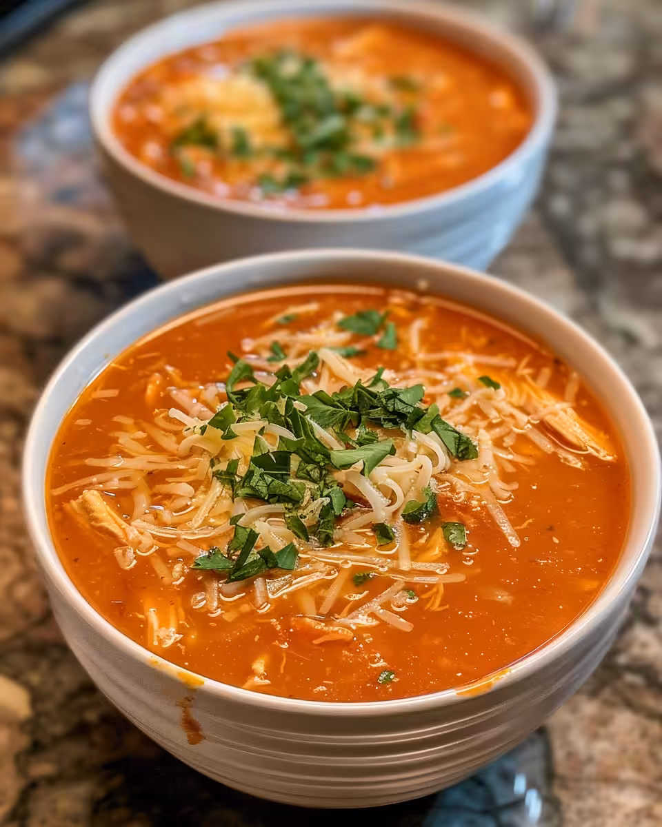 Serving bowl of Instant Pot Italian Chicken Soup garnished with fresh herbs and parmesan