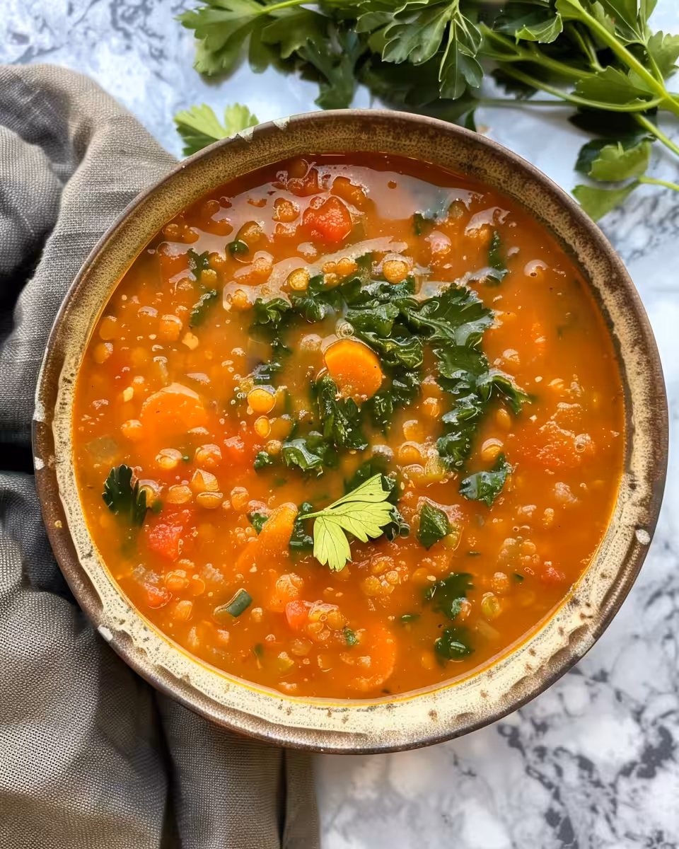 Bowl of finished Instant Pot Red Lentil Soup served and ready to eat