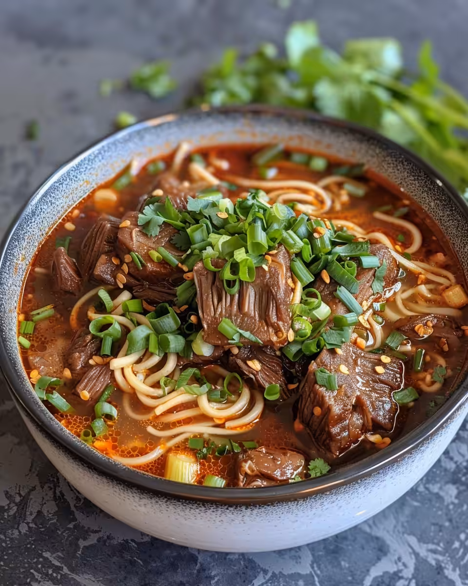 Wide egg noodles with fresh spinach added to spicy short rib soup in crockpot