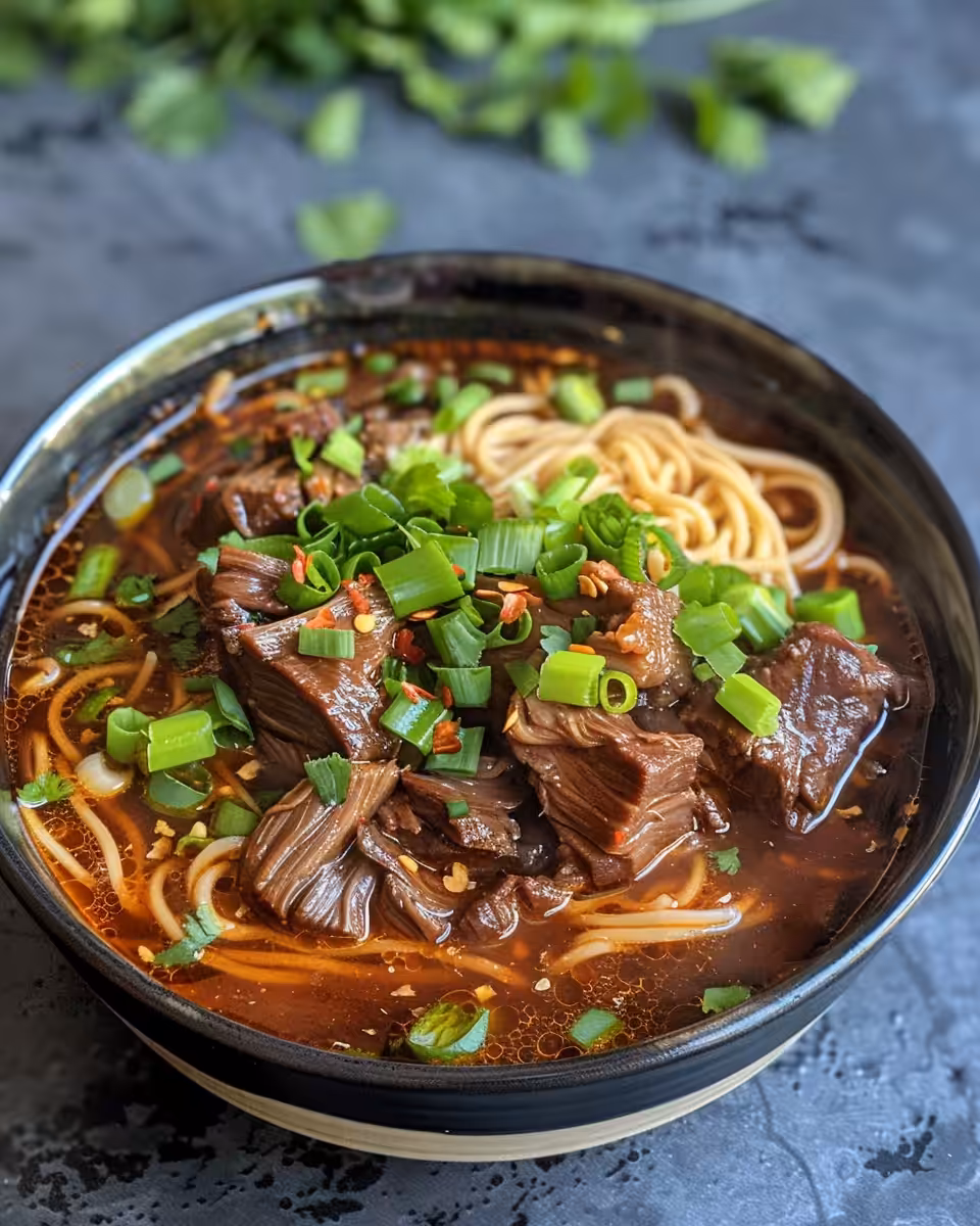 Serving bowl with spicy short rib noodle soup garnished with green onions and sesame seeds