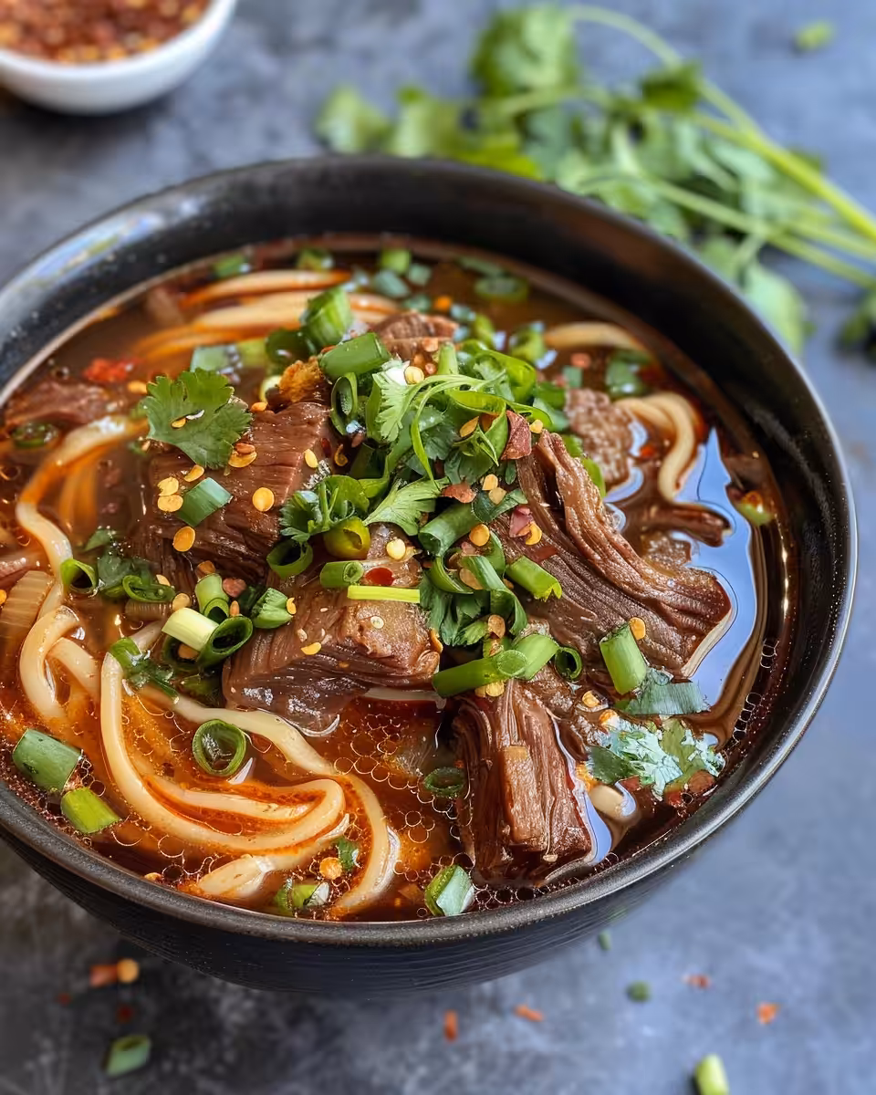 Instant pot with spicy short rib noodle soup steaming in kitchen
