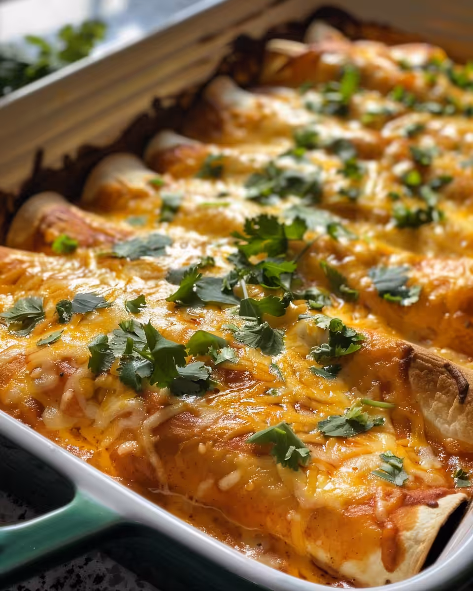 Finished jalapeño cream cheese chicken enchiladas served on a plate garnished with cilantro