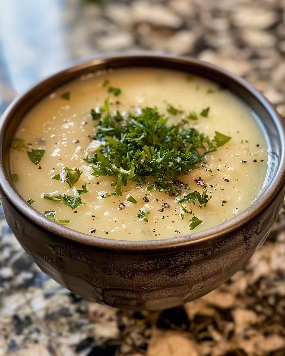 Final bowl of garlic soup served with toasted French bread slices