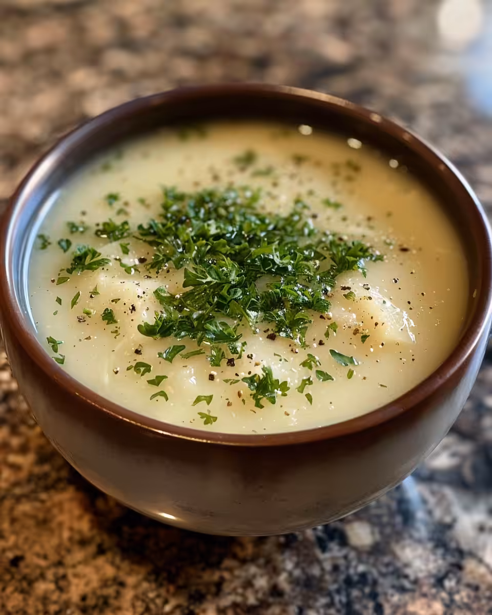A warm bowl of homemade garlic soup simmering with herbs in a rustic kitchen setting