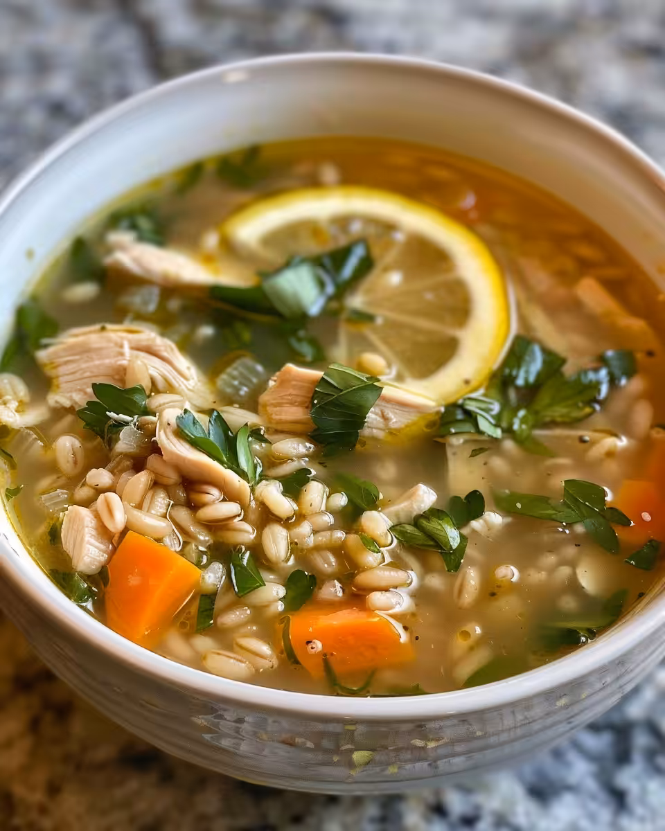 Serving bowl of lemon chicken and farro soup garnished with parsley