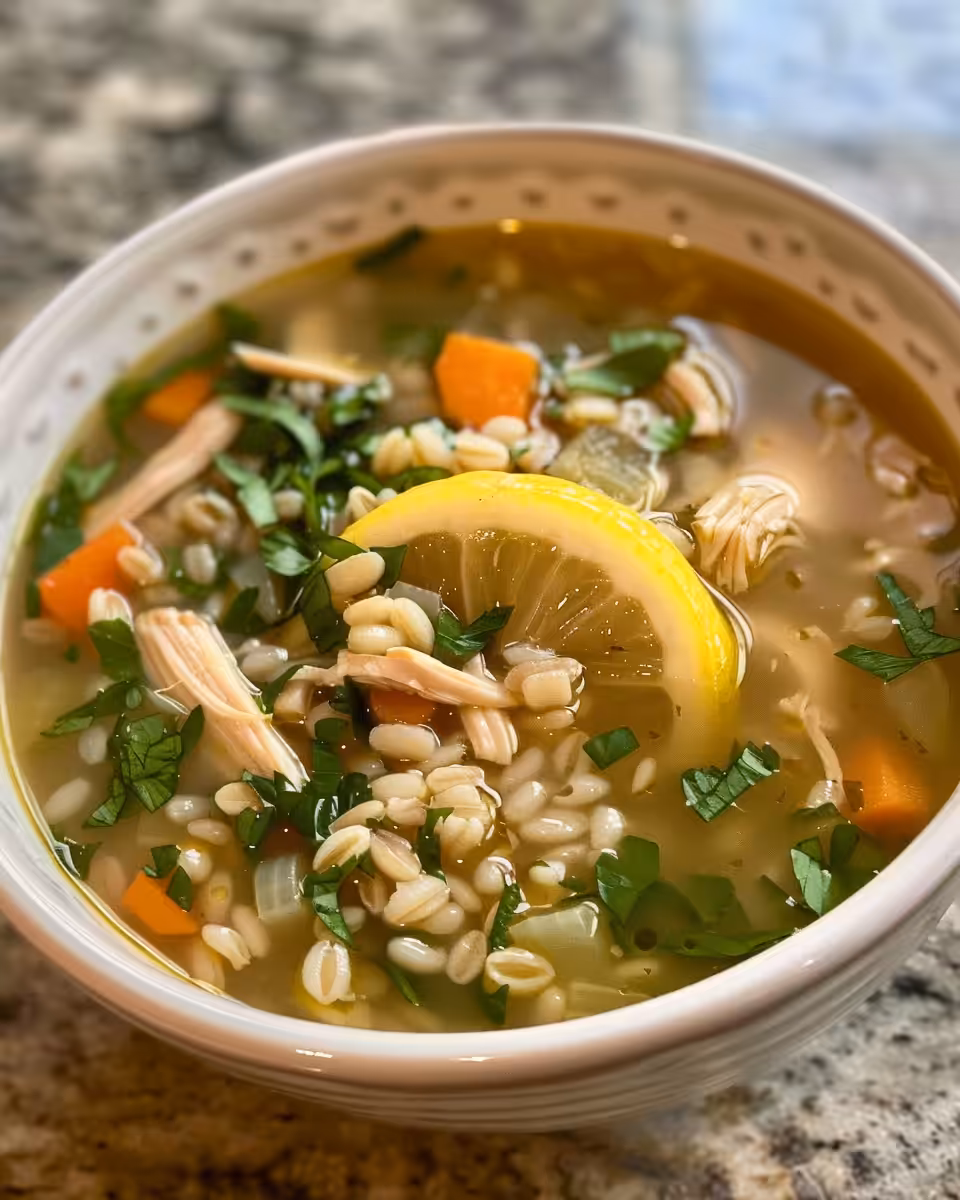 Lemon chicken and farro soup steaming in pot, aromatic and inviting