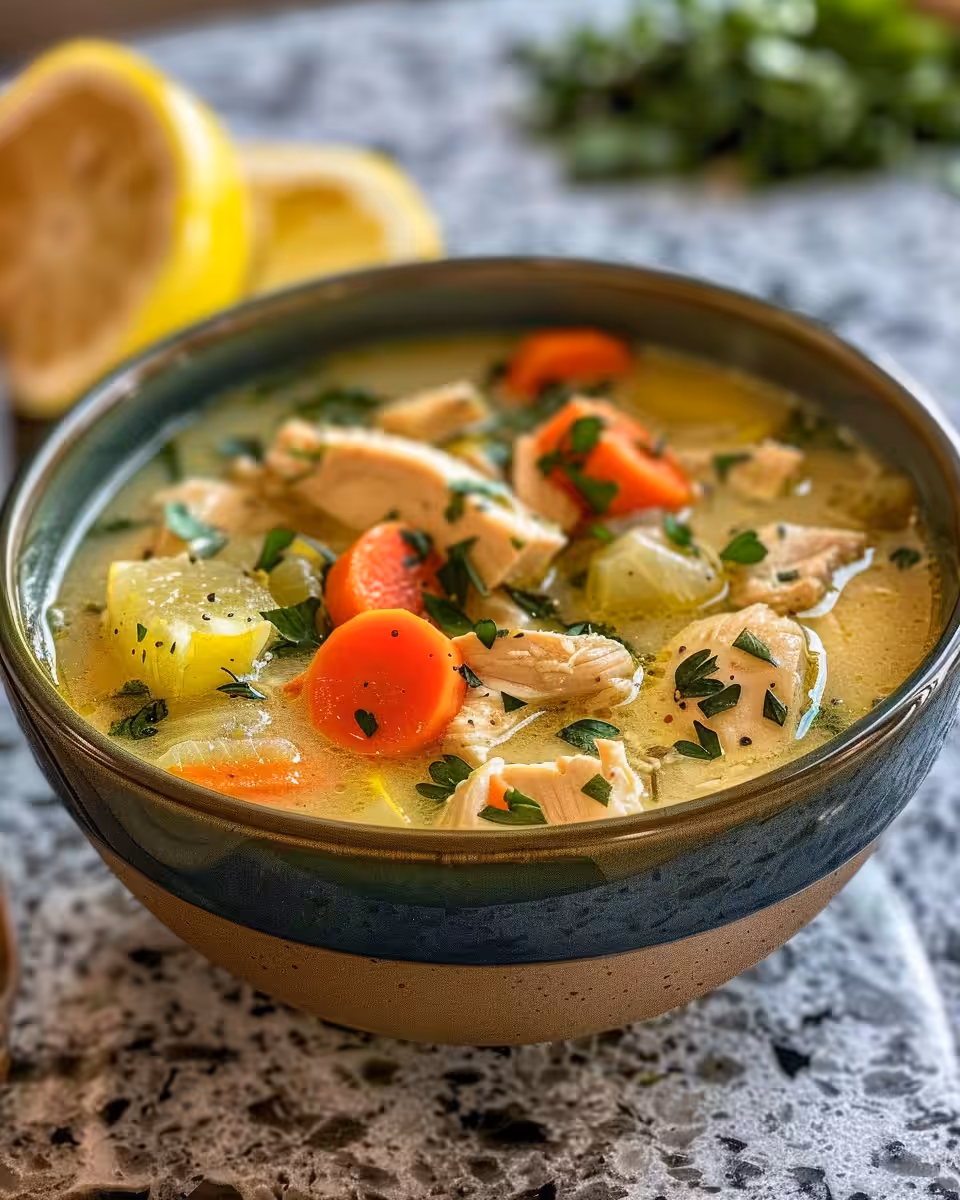 Serving bowl of lemon chicken soup garnished with herbs and lemon wedges