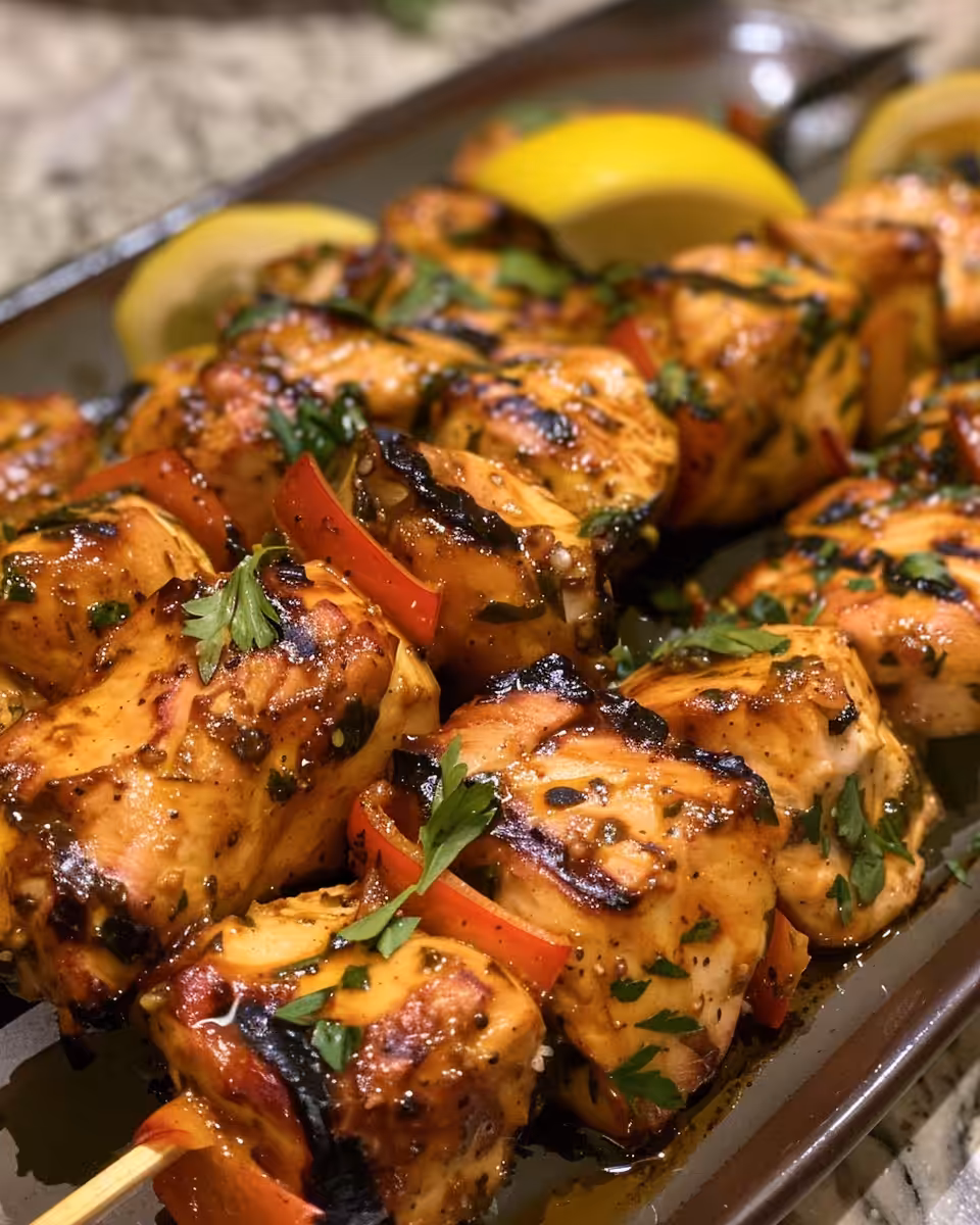 Marinated chicken kabobs threaded on skewers before grilling