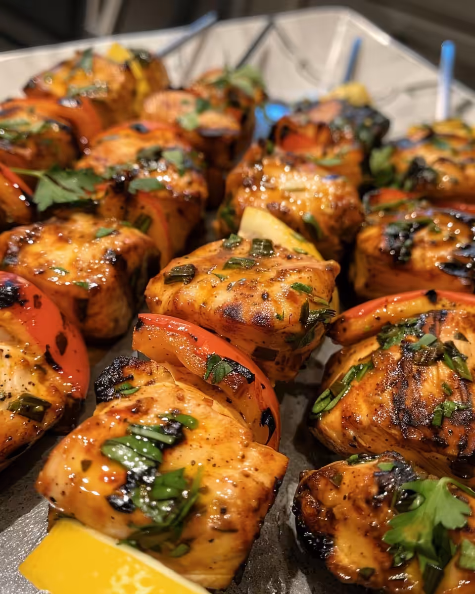 Plated grilled chicken kabobs served with tzatziki sauce