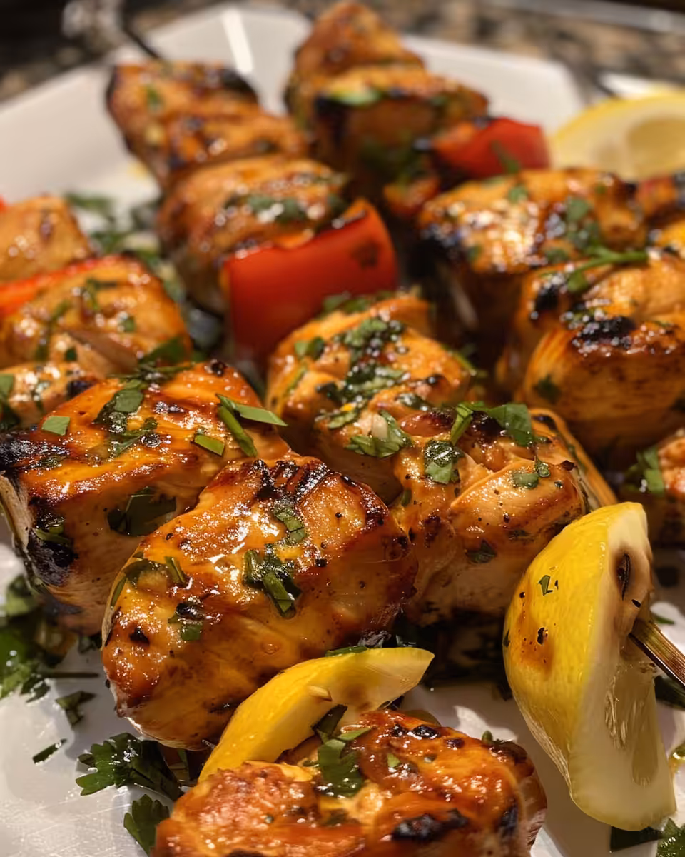 Lemony marinated chicken chunks ready for grilling