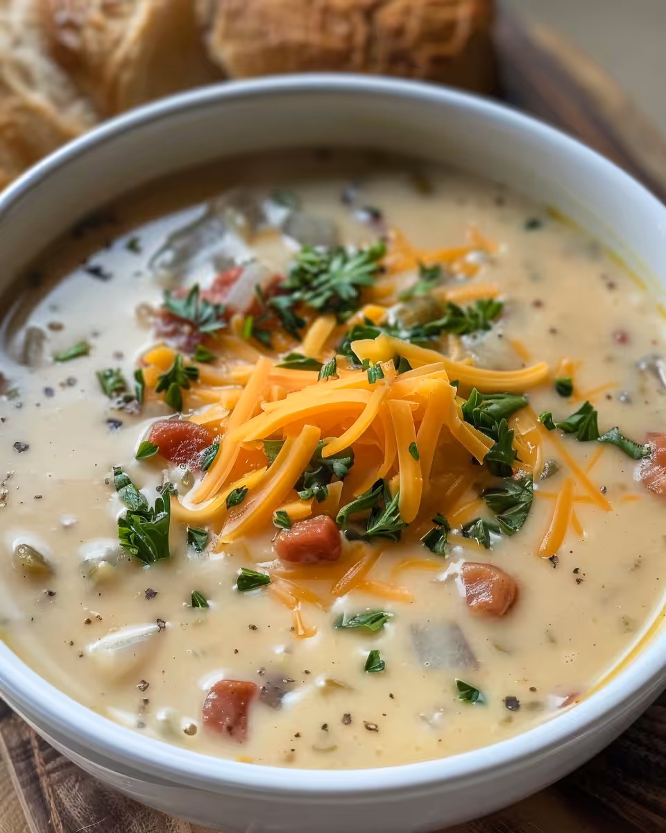 Served loaded potato soup topped with cheddar cheese and chives