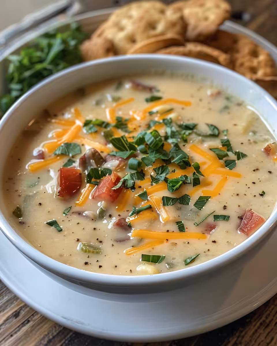 Creamy loaded potato soup simmering in crockpot