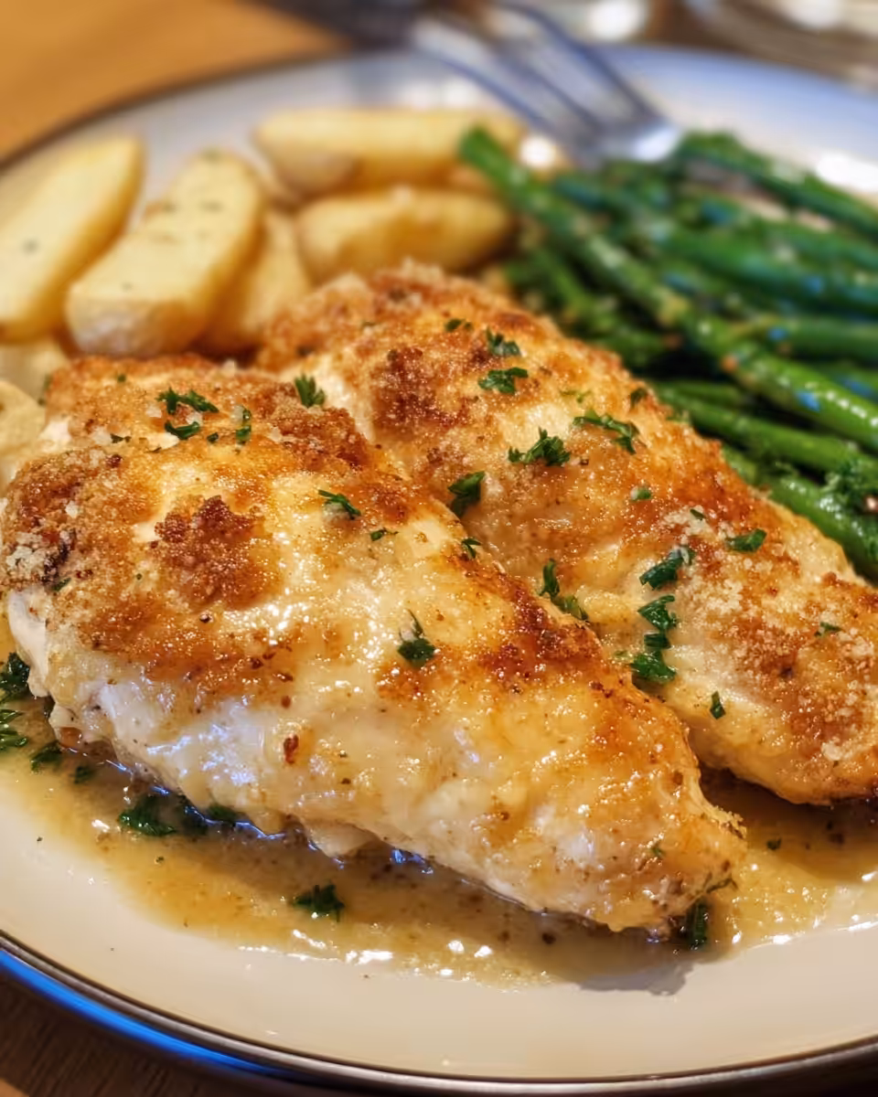 Final plated Parmesan crusted chicken with sides
