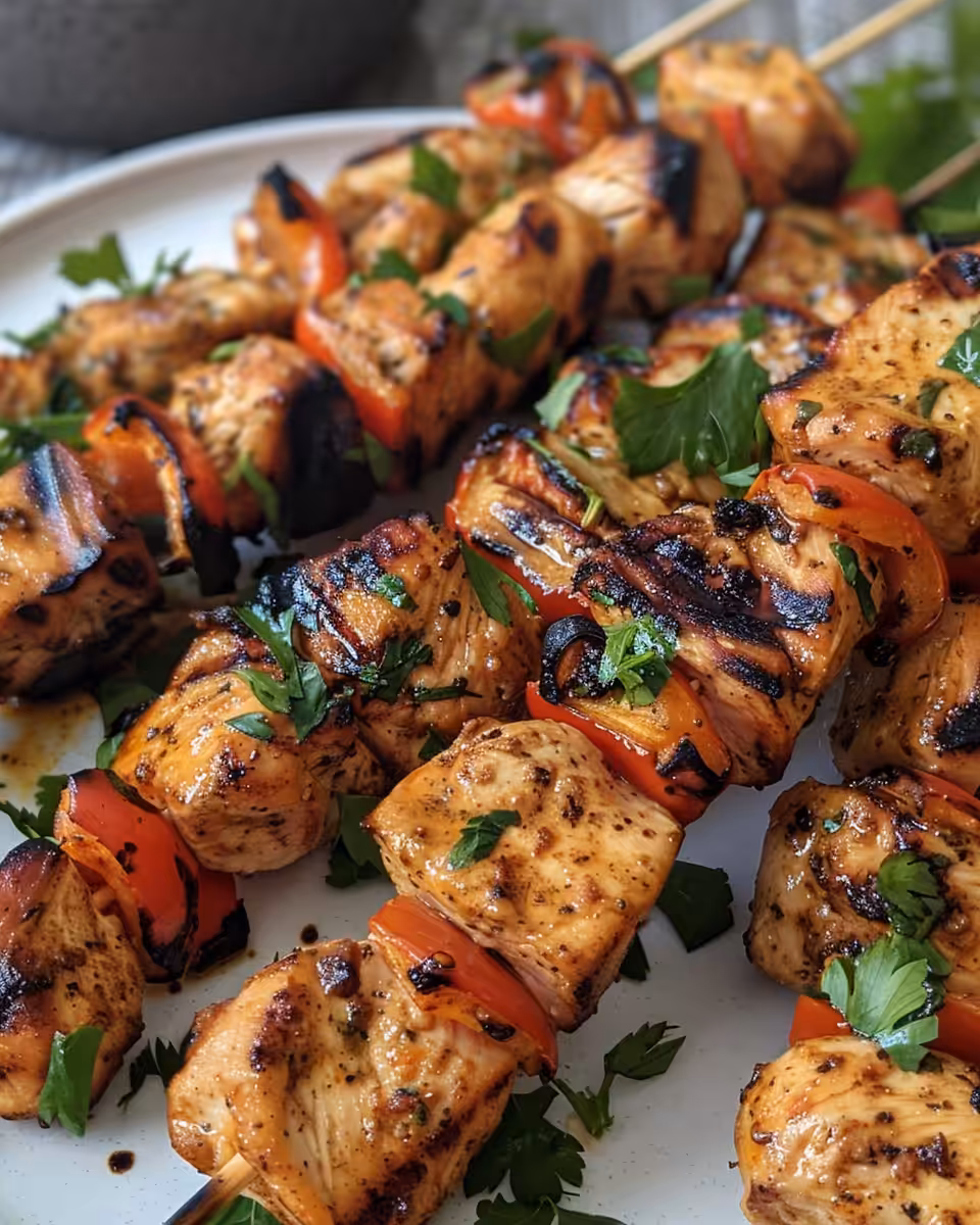 Grilled chicken skewers served hot with vegetables