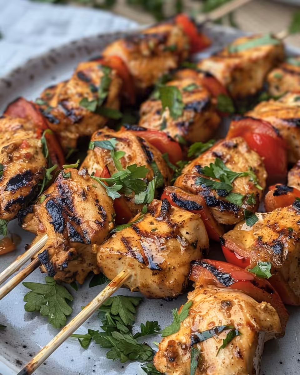 Marinated chicken breasts and fresh veggies ready for skewering