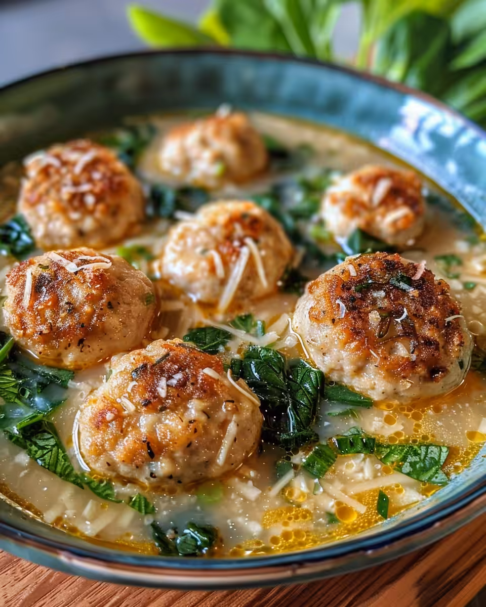 Creamy Tuscan meatball soup ready to serve with parmesan
