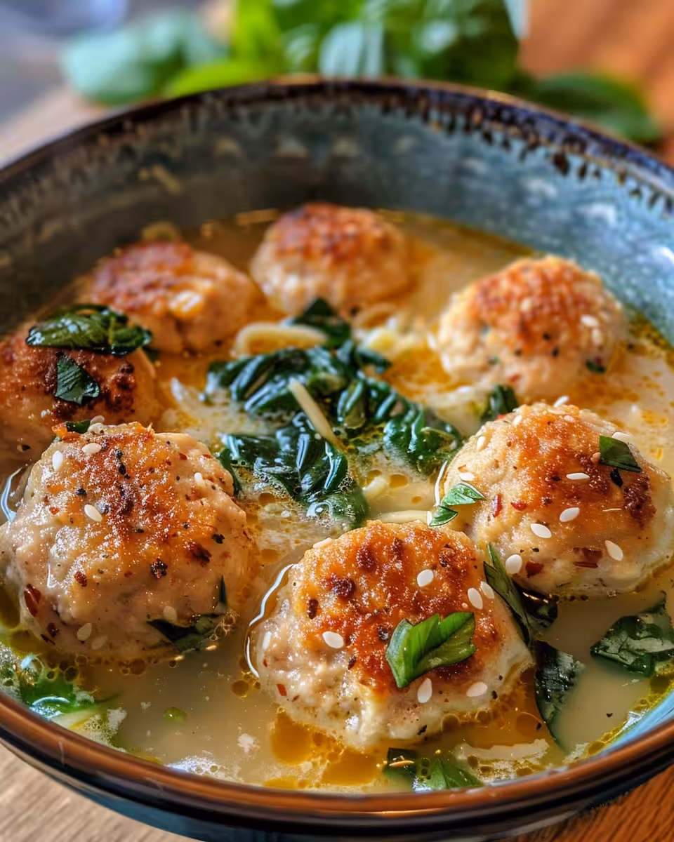 Tuscan meatball soup in a bowl with creamy broth and kale
