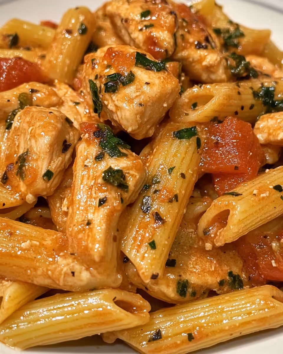 Ingredients including pasta, butter, garlic, tomato paste, wine, cream, and chicken