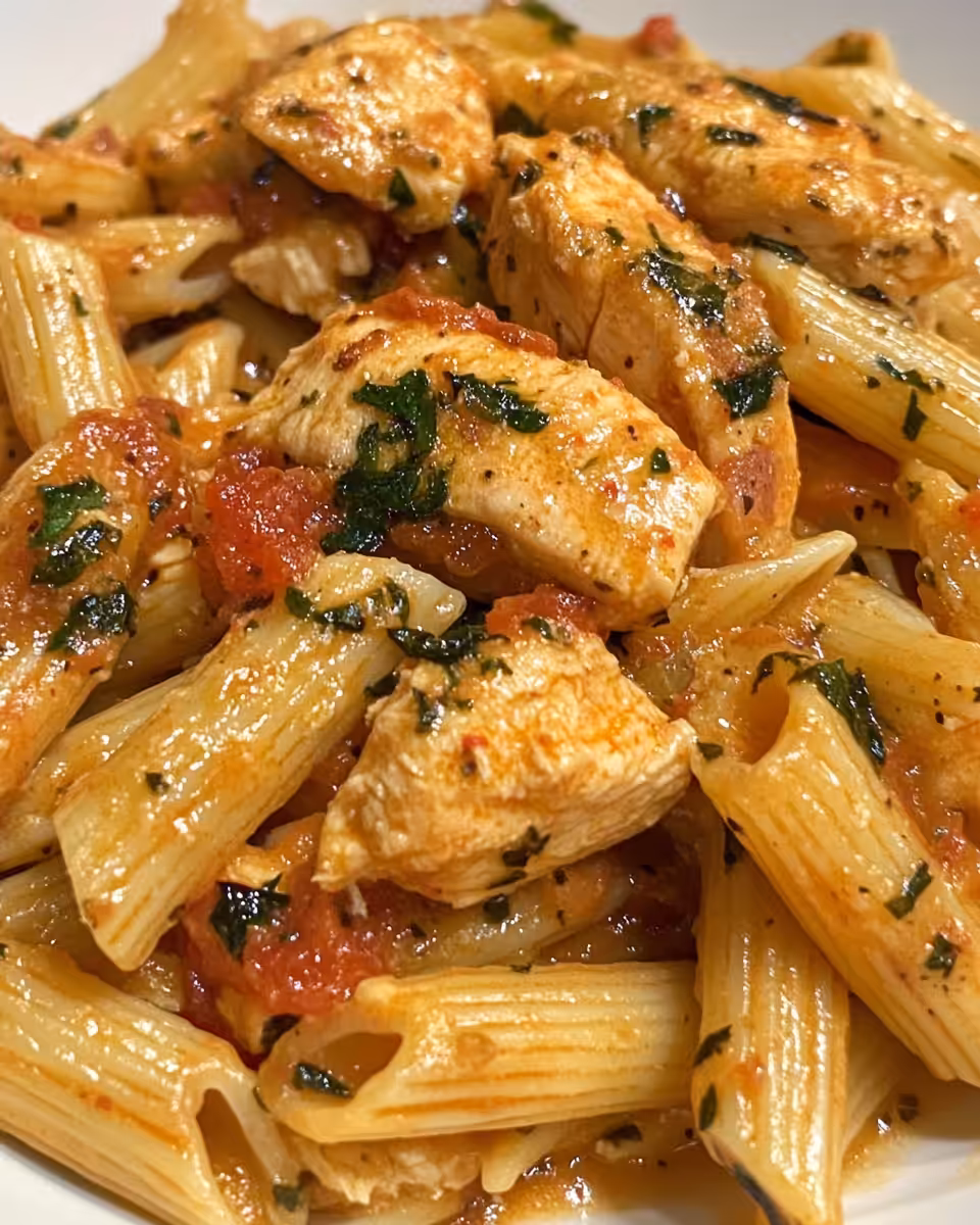 Serving of creamy Marry Me Chicken Pasta garnished with parmesan and basil