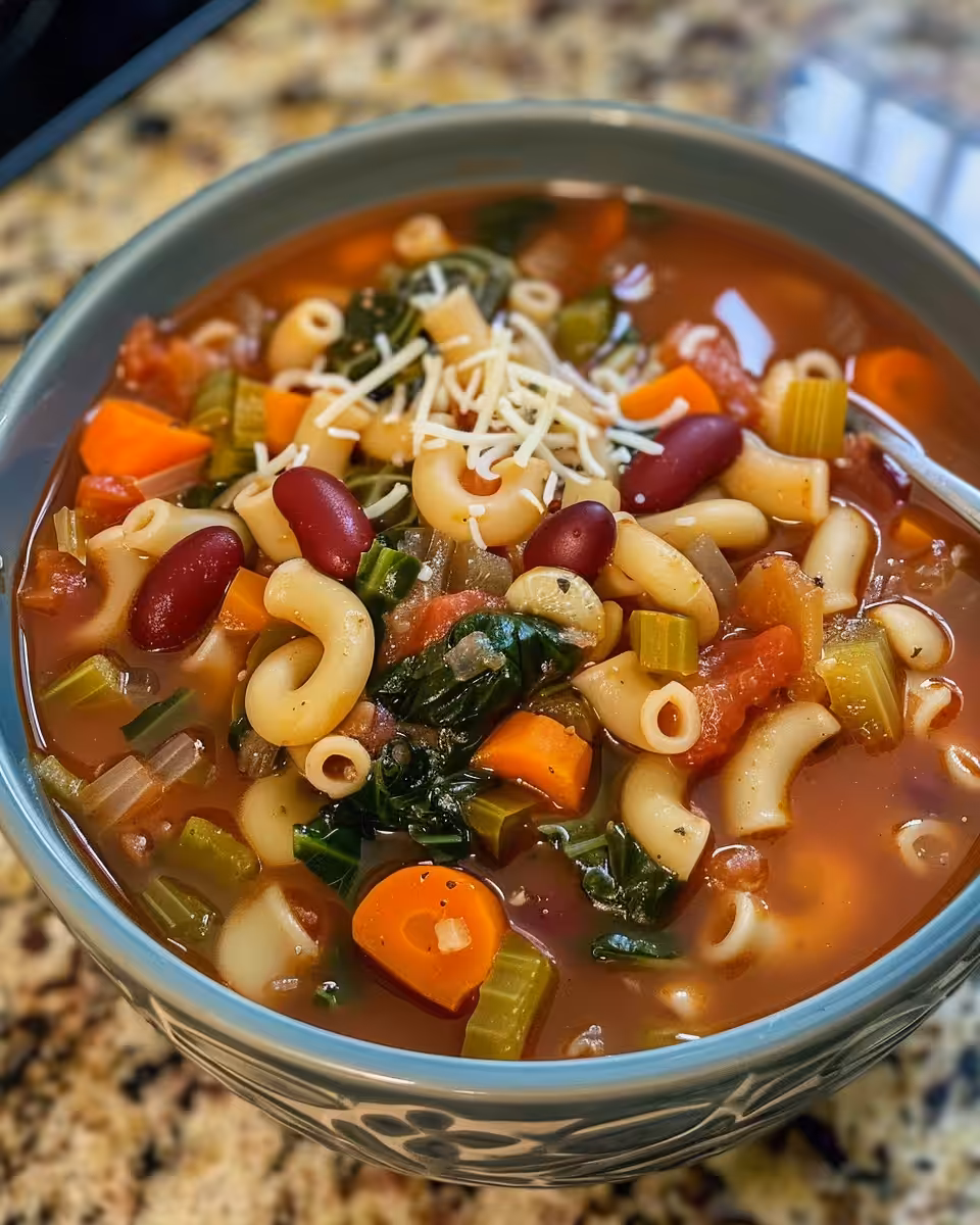 Pressure cooker filled with minestrone soup cooking with pasta and beans