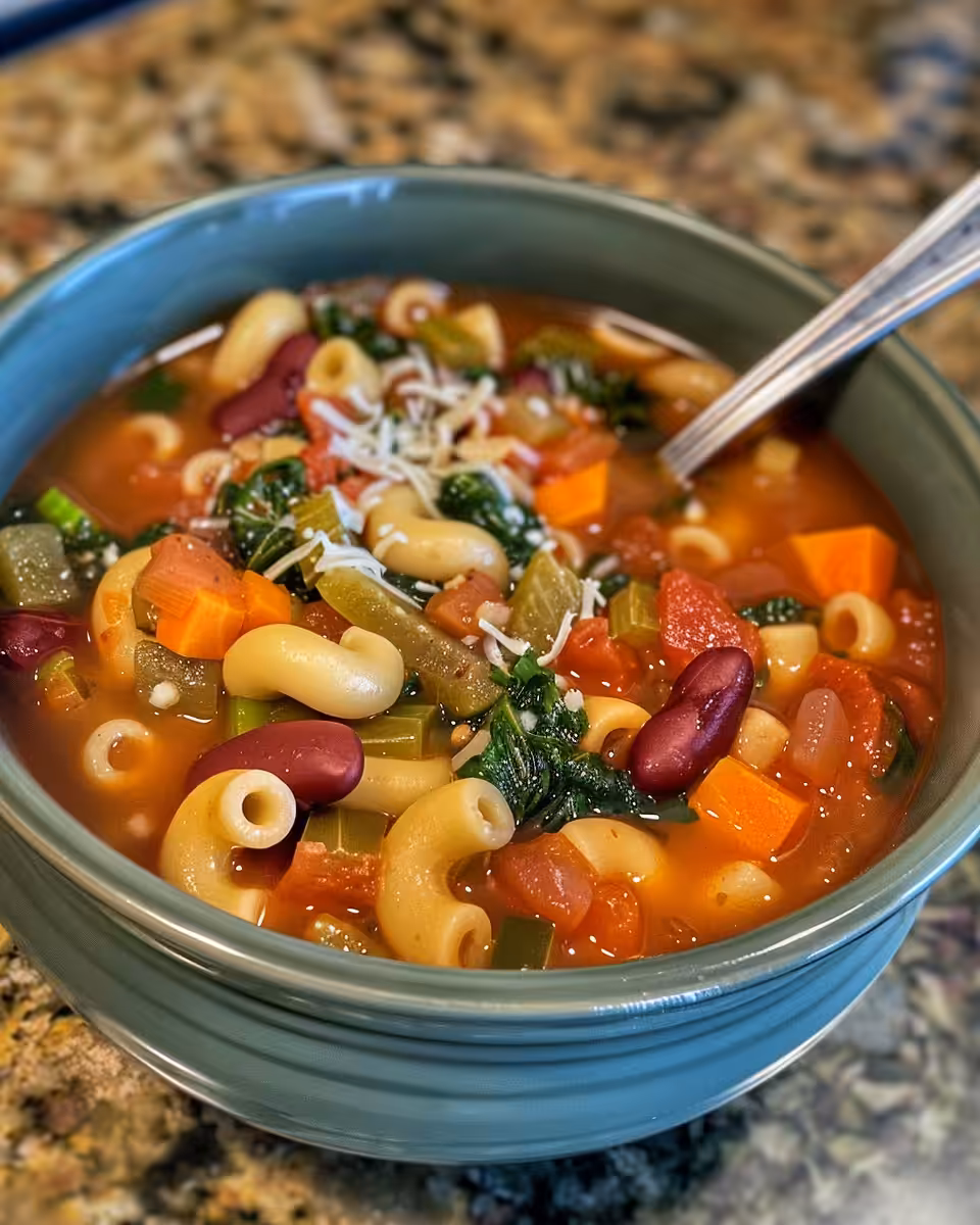 Steaming bowl of classic minestrone soup with beans, pasta, and vegetables