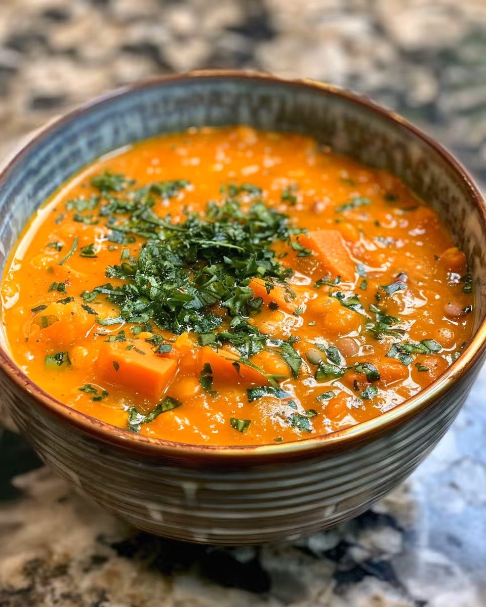Creamy Moroccan carrot and red lentil soup served in a bowl with garnishes