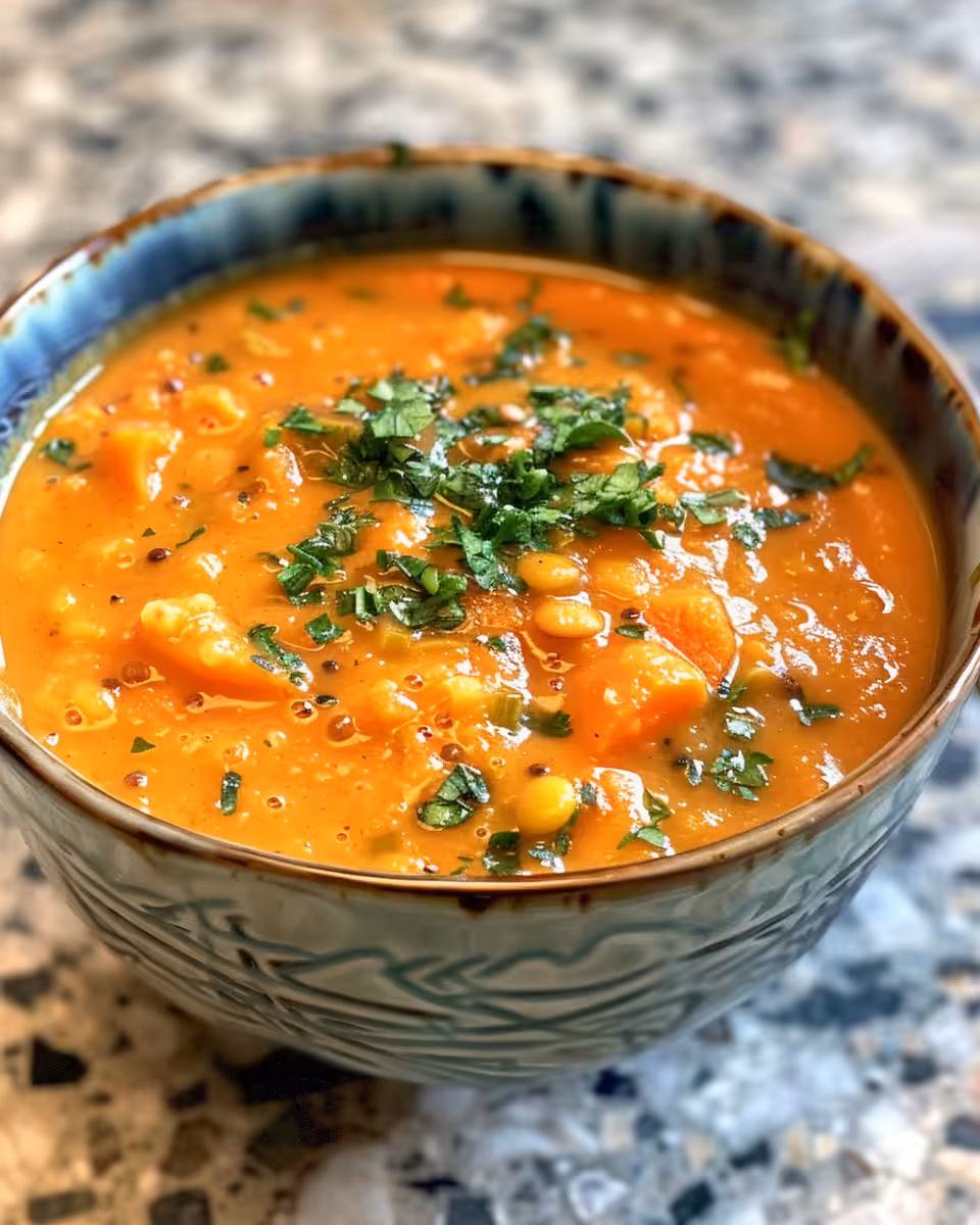 Pressure cooker simmering Moroccan carrot and red lentil soup with fragrant spices