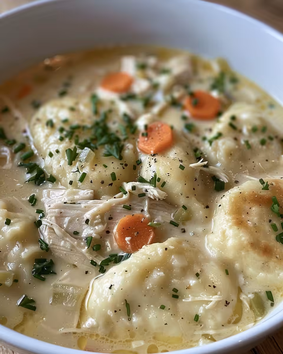 Finished dish of Southern chicken and dumplings served in a bowl