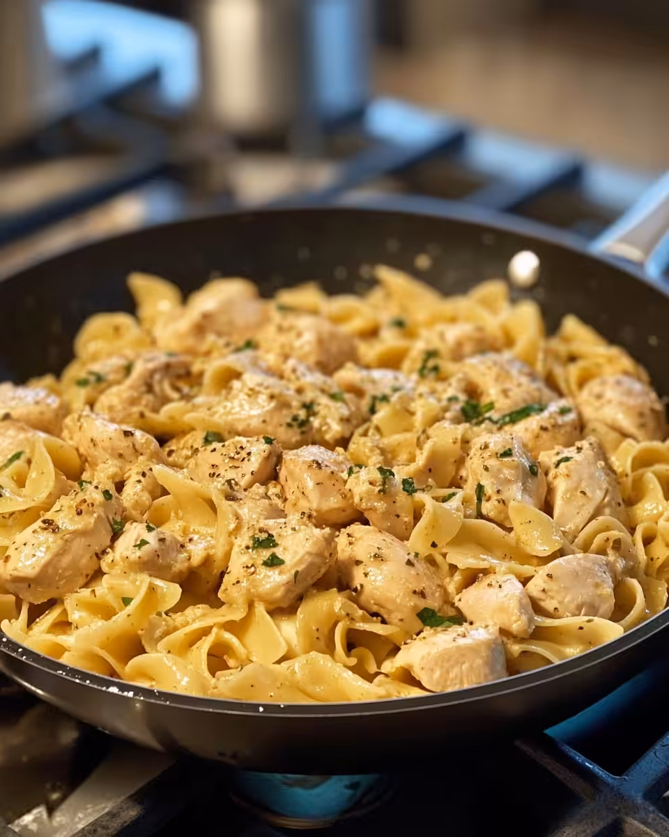 One pan chicken with buttered noodles steam rising