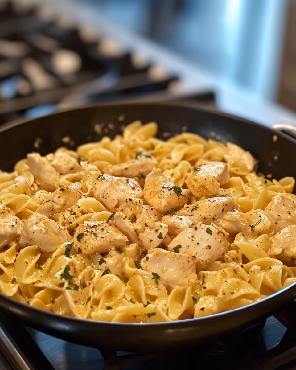Served one pot chicken with buttered noodles garnished with parsley