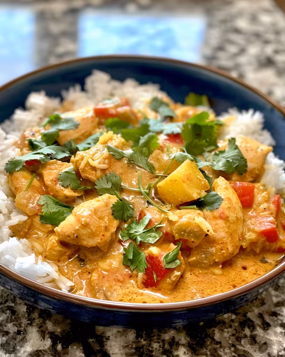 Finished coconut curry chicken served and garnished beautifully