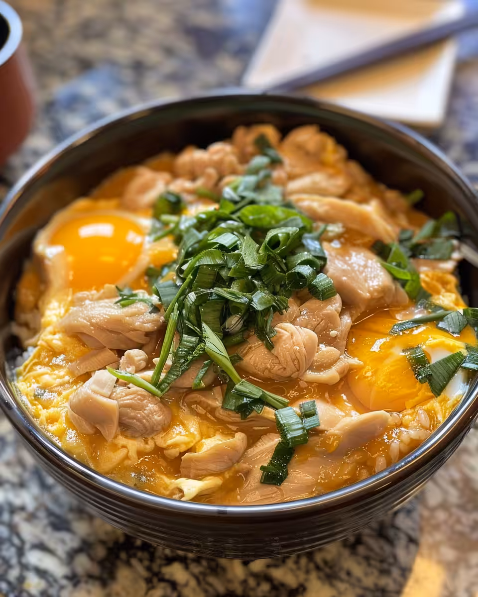 Served Oyakodon chicken and egg bowl garnished with scallions